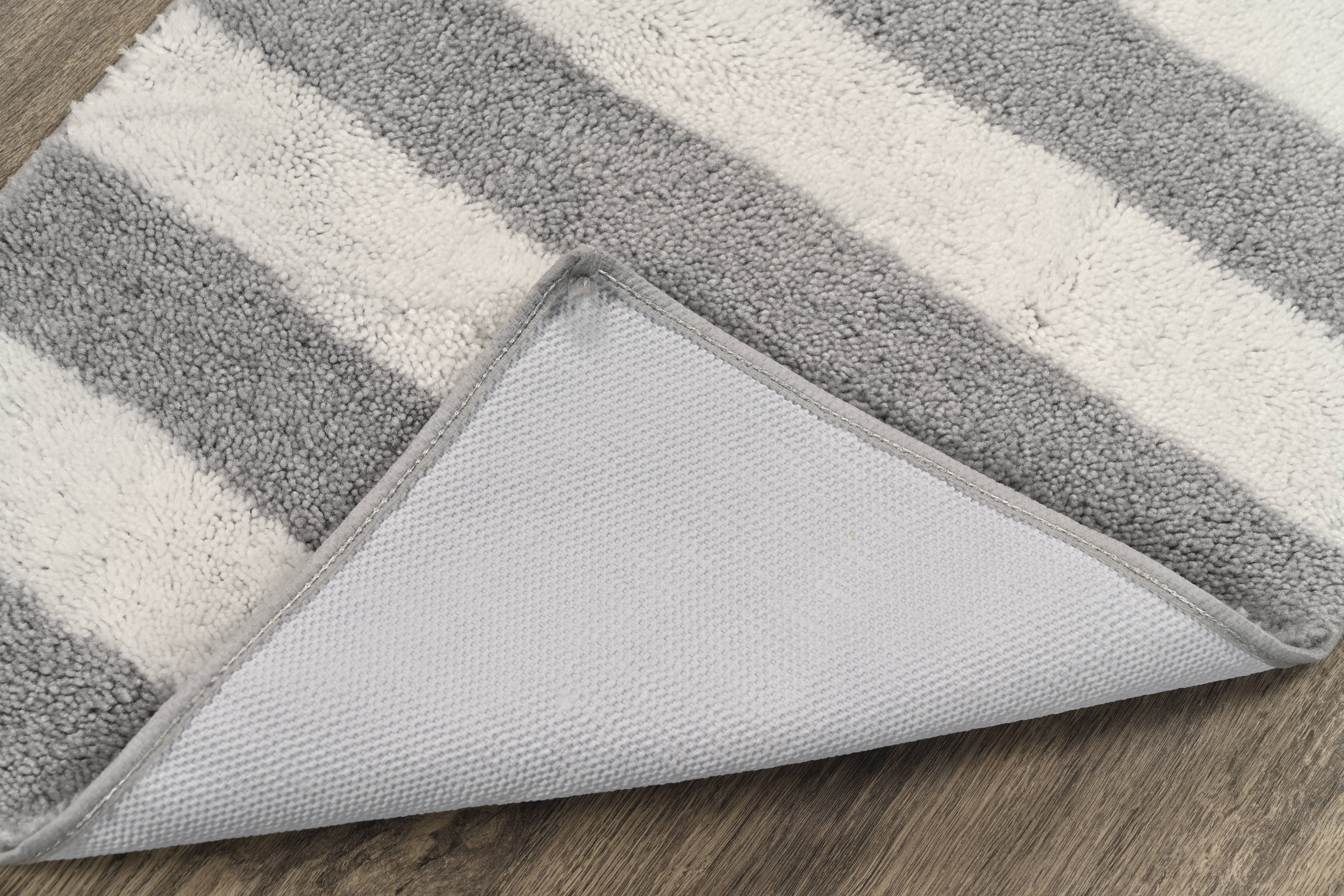 Garland Rug Beach Stripe Washable Bath Rug Set, 2 Piece Set (17"x24" Bath Rug, & 21"x34" Bath Rug) Platinum Gray/White