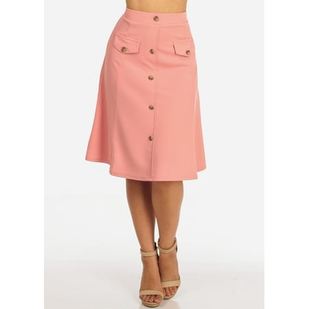 - Womens Juniors Women's Junior Ladies Dressy Trendy Loose Fit Flare Button Front Button Up Mauve Pink Skirt 10198X