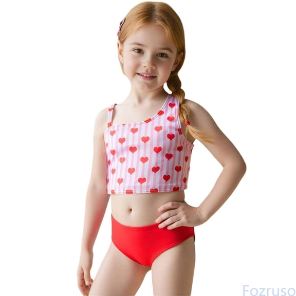 Fozruso Girls Two Piece Swimsuits Cute Heart Stripe Print Summer Beach Swimwear For Toddler Kids Photo Shoot 2 Piece Bikini Swimsuit Sizes 3-4 Years