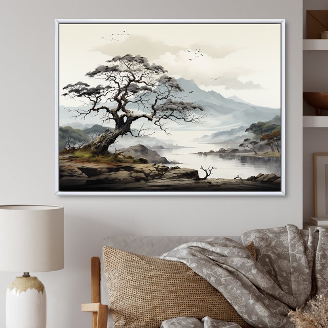 Designart Large Tree White Framed Wall Art, Grey Minimalism Tree Ink euphony , Trees framed wall art decor, Grey Traditional White Framed Wall Art, 32x16 inches White Color Frame