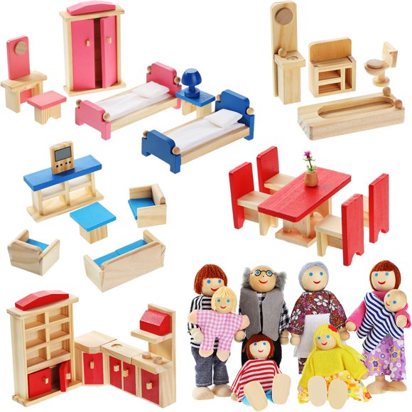 Sumind 35 Pcs Wooden Doll House Furniture and Accessories Set with 27 Pcs Dollhouse Furniture 8 Pcs Doll House Family Figures for Dollhouse Family Set