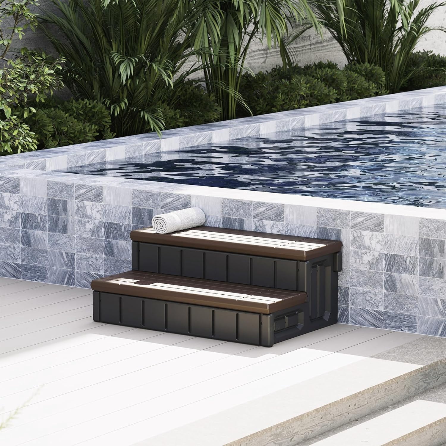 Universal Spa Hot Tub Step with Storage Outdoor Indoor Compartment Spa 2-Step Stool Pool Ladder Plastic Handi Step Slip Resistant Striped Brown+Black
