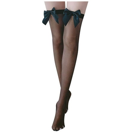 

kakina CMSX Women Extra Long Satin Bow Thigh High Lingerie Stockings Over The Knee High Socks Black One Size