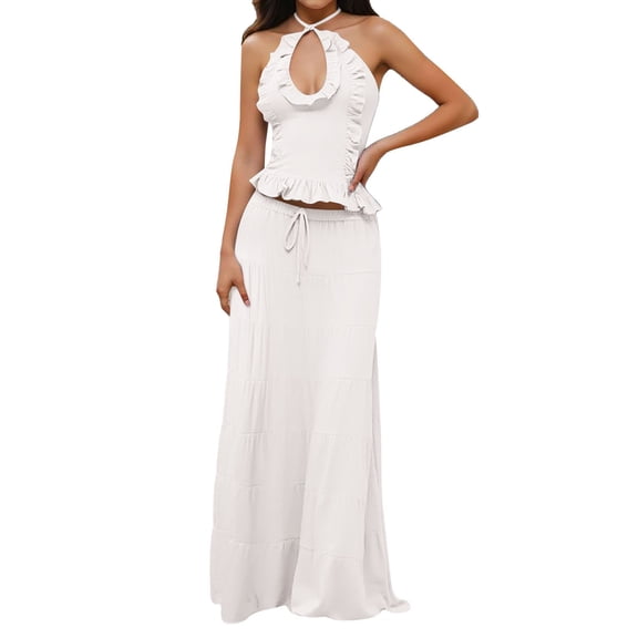 Unir Women’S 2-Piece Vacation Outfit Set, Halter Neck Keyhole Cut Out Ruffle Trim Top With High Waist Tiered Drawstring Flowy Maxi Skirt, Smooth Lightweight Polyester Fabric, 2pcs, Sizes S To L