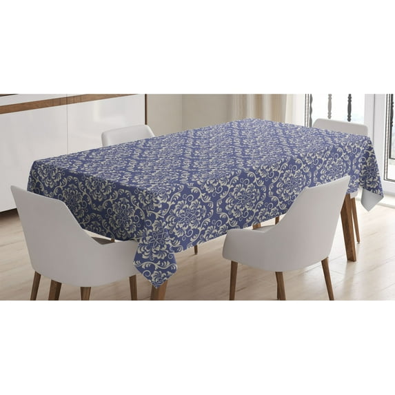 Renaissance Tablecloth, Rococo Floral Damask with Swirled Petals Blooming Branches Theme, Rectangle Satin Table Cover Accent for Dining Room and Kitchen, 60" X 84", Violet Blue Cream, by Ambesonne