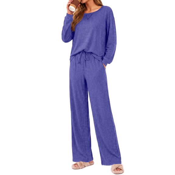 Weekease 2 Piece Pajama Set for Women Crew Neck Long Sleeve Tops Drawstring Pants Casual Sleepwear Fall Nightwear with Pockets