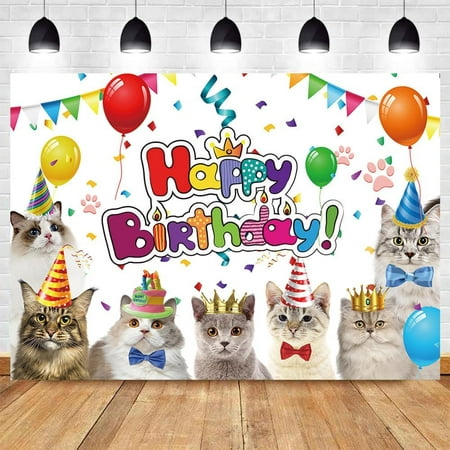 Image of 7x5FT Polyeste Cat Happy Birthday Backdrop Kitten Photo Pet Cat Theme Party Photo Background Photopraphy for Pets Cat Owner Children Kids Cat Theme Birthday Party Photoshoo