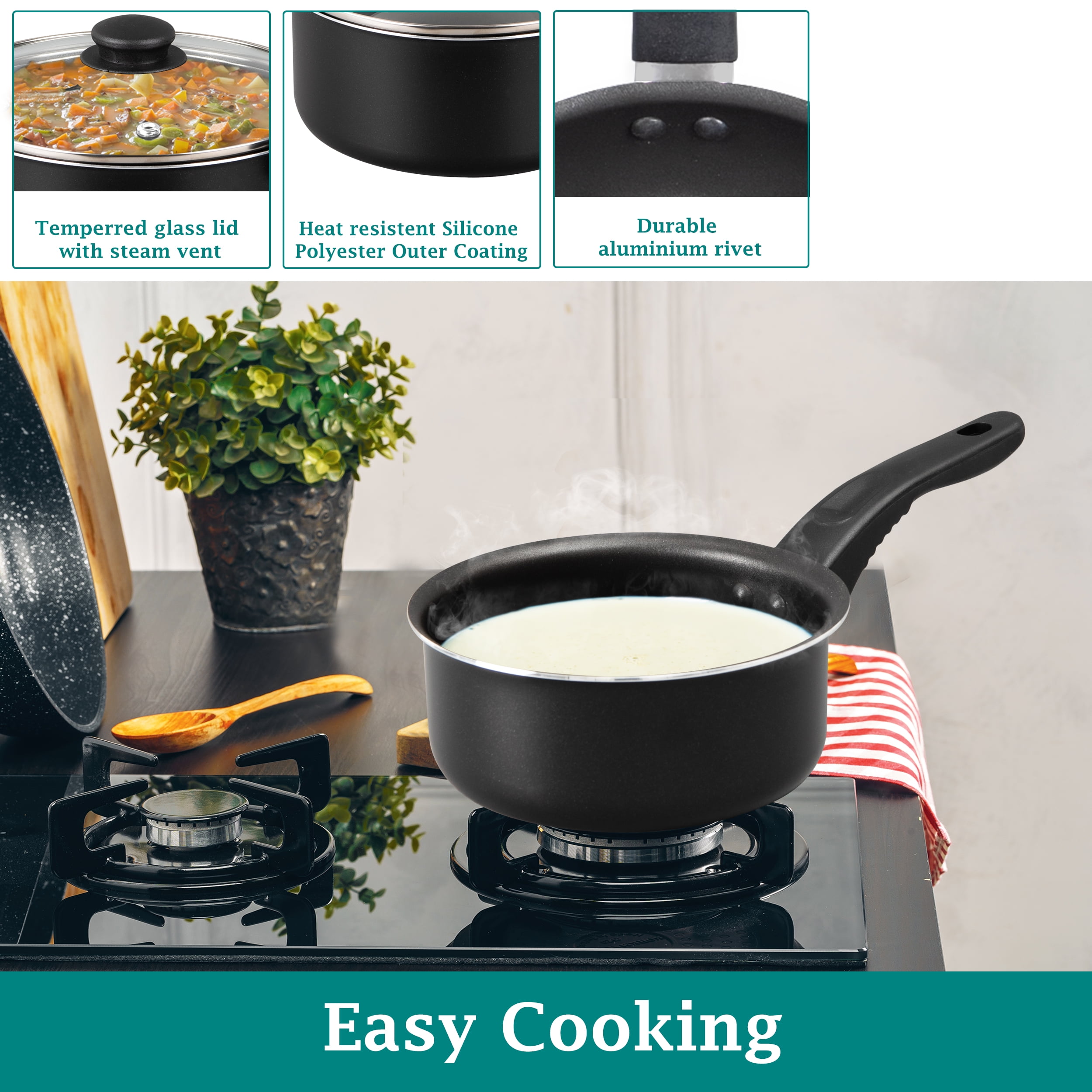 Mainstays 3-Piece Nonstick Sauce Pan Set, Black, 1 Qt & 2 Qt with Single Glass Lid