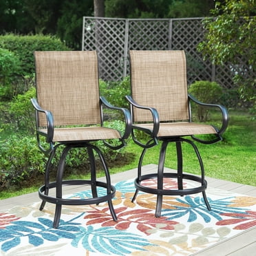 Summit Living High Top 2-Piece Outdoor Swivel Bar Stool Set, Patio Counter Height Textilene Chairs, Black & Brown
