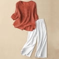 thumbnail image 2 of Bovemsi Casual Pants for Women Women's Embroidered Top And Cotton Linen Long Two Piece Set Casual Wide Leg Trousers with Pockets, 2 of 7