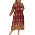 thumbnail image 1 of Vestido Maxi Boho de Talla Grande para Mujer Agnes Orinda, Cuello Redondo, Manga Larga, Cinturón, Casual, Corte A, Fluido, Talla 3X, Burdeos, 1 of 6