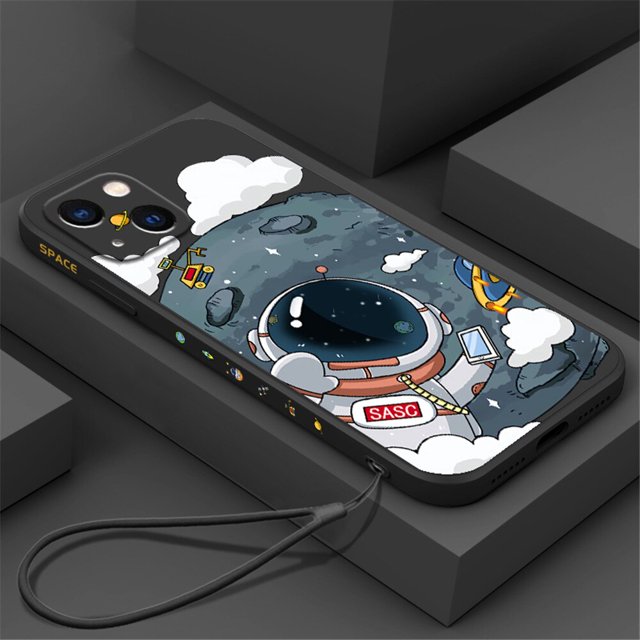 Bonita funda de teléfono con dibujos de astronauta y Luna para iPhone 11 12 13 14 Pro Max 7 8 Plus X XR XS SE 2022, funda blanda de silicona con cordón de mano Tan Jianjun unisex