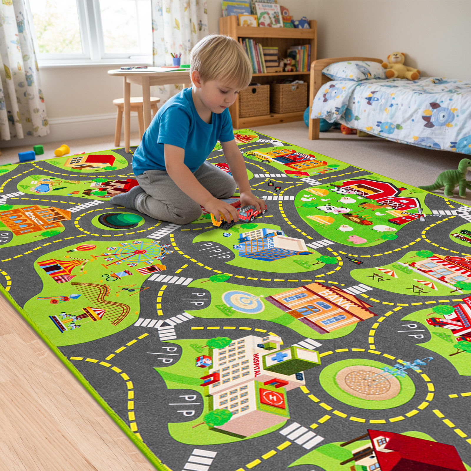 Kids Car Rug Play Mat, Kids Road Car Play Rug for Toy Cars, Educational Town City Map Carpet Vehicle Mat for Boy Playroom Bedroom, Non Slip Car Track Rugs for Kid Baby Children (78.7"X47.3", A)