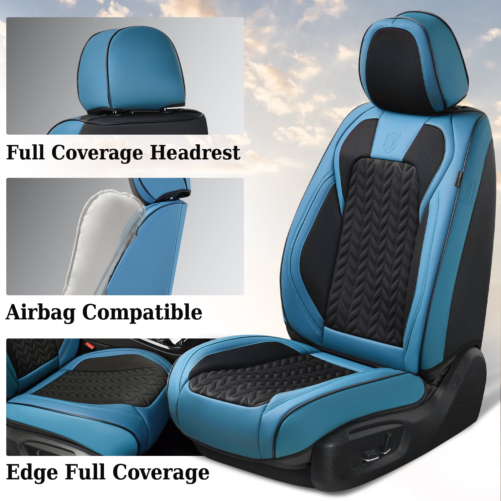 Coverado Black&Blue Car Seat Covers Full Set, Faux Leather Seat Protectors with Embossed Grains, Front and Back Auto Cushions Universal Fit Most Cars, Sedans, SUVs and Trucks