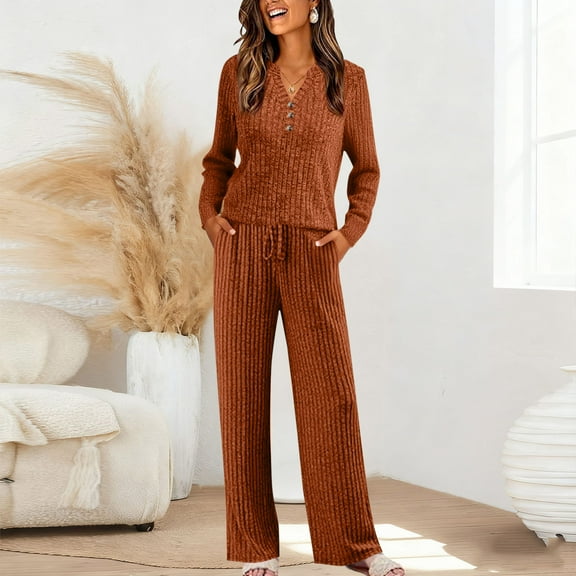 Pajamas for Women 2 Piece Outfit Sets Ribbed Knit Sweater Set V-Neck Stretchy Pull-On Matching Lounge Sets