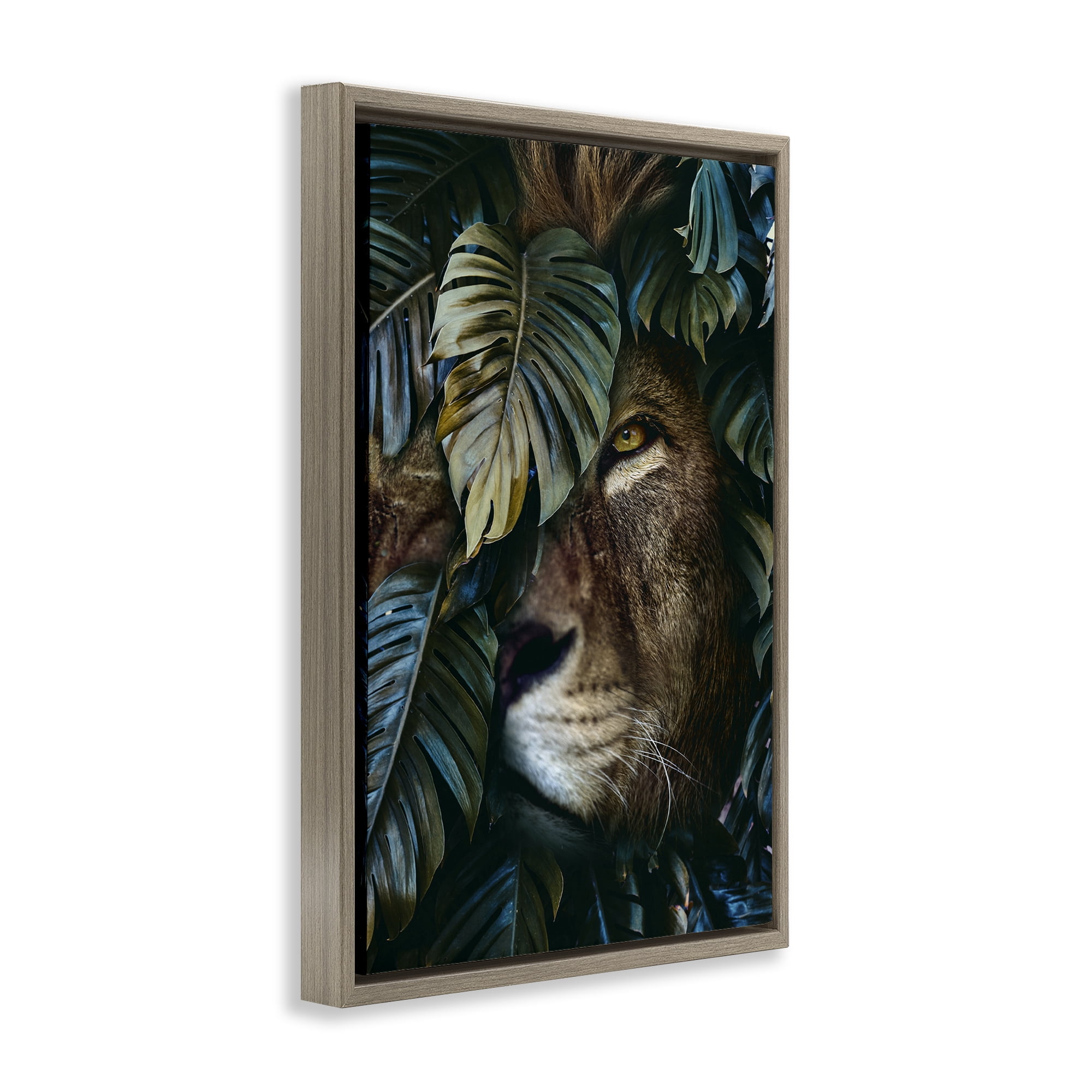 Stupell Industries Lion Peering Monstera Leaves Plants & Flowers Painting Brown Floater Framed Canvas Art Print Wall Art, 17 x 25