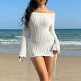 thumbnail image 4 of Qzwdhjm Women's Crochet Swimsuit Cover Up One Shoulder Hollow Out Mini Dress Beach Coverup Long Sleeve Bathing Suits Coverups with Pocket, 4 of 6