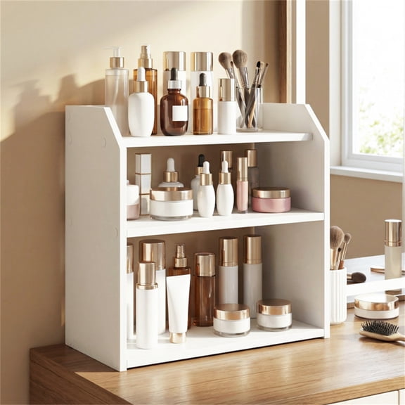 3-Tier Desktop Storage Shelf, Raised Guardrail Anti-Fall Tabletop Organizer for Home Office