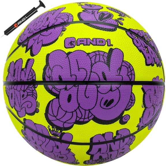AND1 Toss Up Rubber Basketball: Size 6 (28.5 inches) Deep Channel Construction, for Indoor/Outdoor Use, Includes 10” Pump