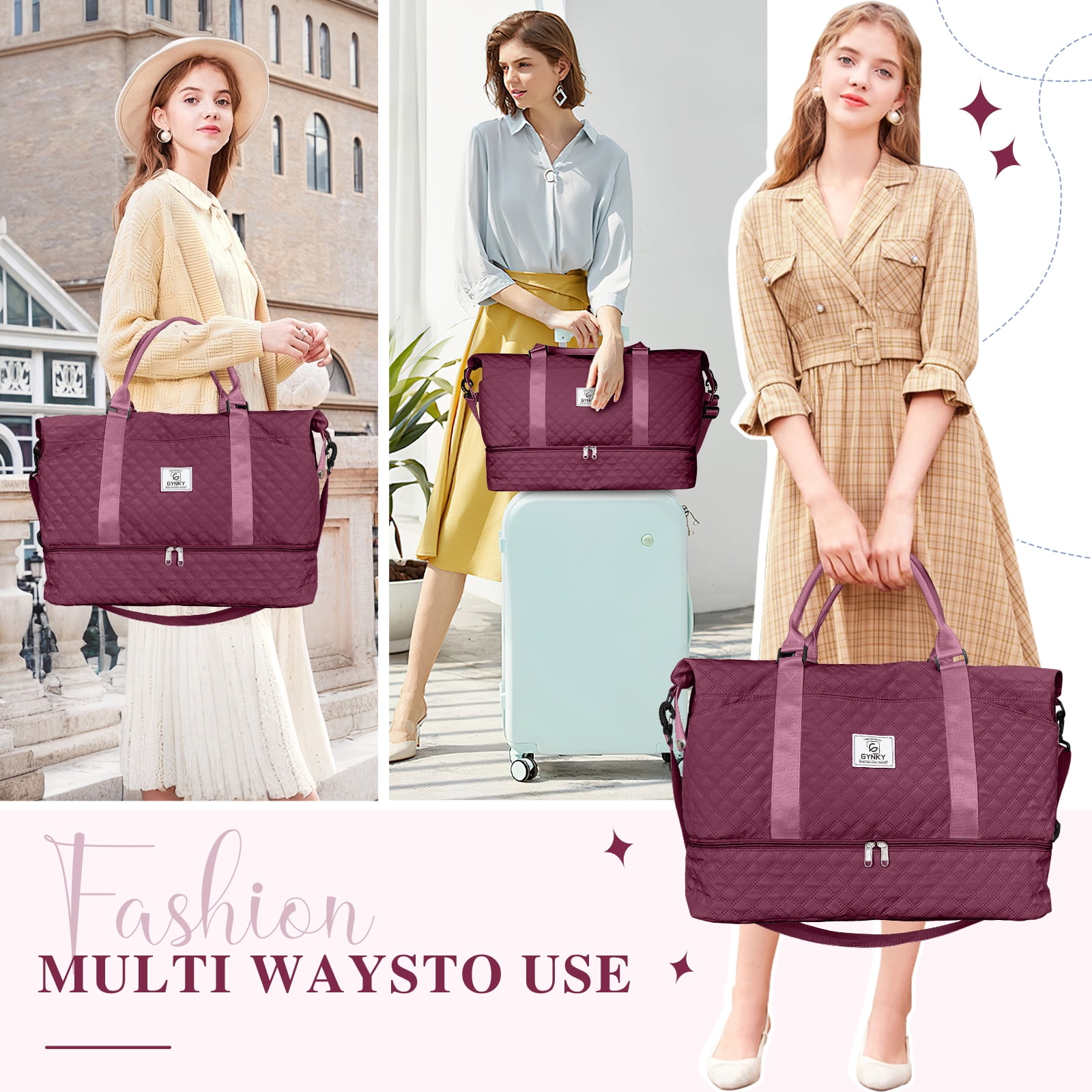 Gynky Travel Duffle Bag Weekender Bags for Women with Shoe Compartment Carry on Overnight Bag Gym Duffel Bag with Wet Pocket Hospital Bags for Labor and Delivery
