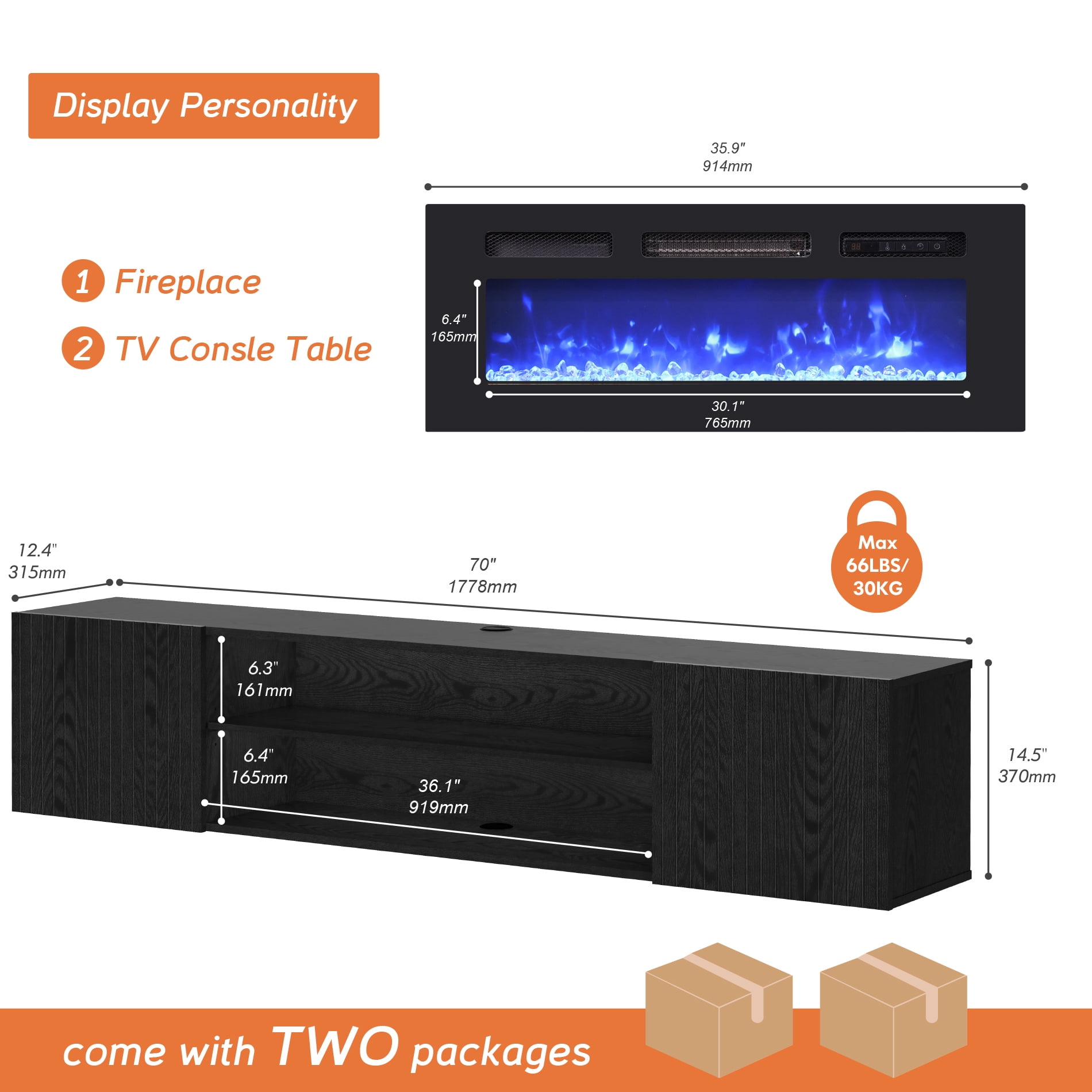 36"Fireplace Floating TV Stand with Fluted Doors and Blue Light for TVs up to 80inch