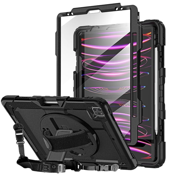 AICase for iPad Pro 12.9 Inch 6th/5th/4th Generation Case Military Grade Heavy Duty Shockproof iPad Pro 12.9 Case - Rotating Stand, Pencil Holder, Hand/Shoulder Strap, Black