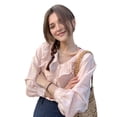 thumbnail image 4 of Women'S V Neck Pleated 3D Floral Flared Long Sleeve Dressy Blouses Tops Pink L, 4 of 10