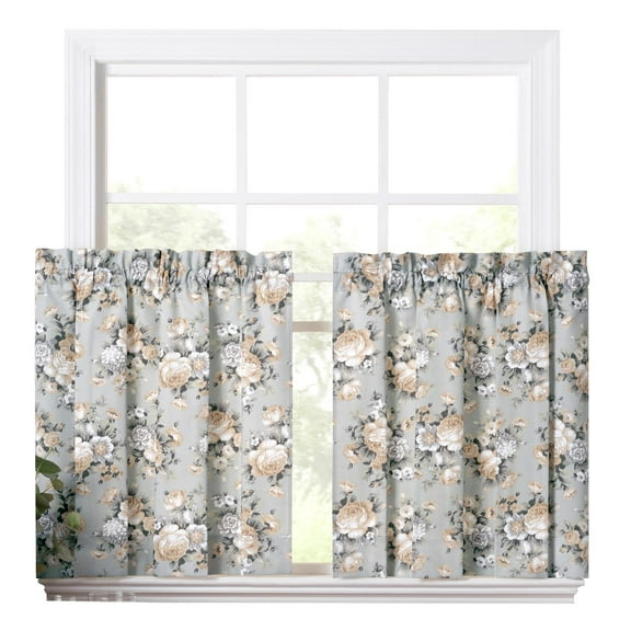 Ellis Bella Rose Stylish Medium Scale Printed Floral Pattern 1.5" Rod Pocket Tier for Windows 56"x24" Mist