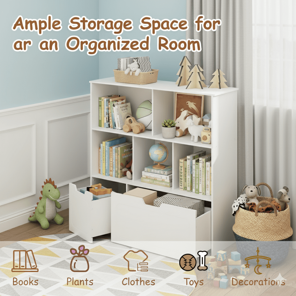 BRINJOY 3-Shelf Kids Bookcase Storage Organizer with 2 Movable Drawers