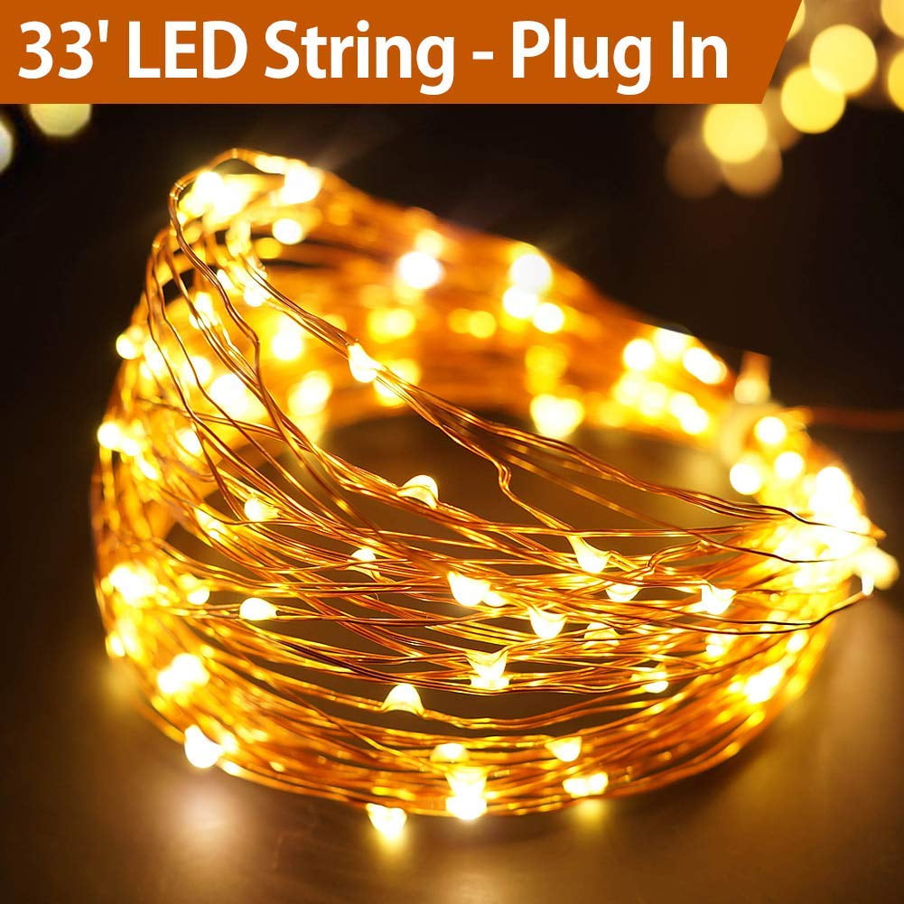 33' FT Warm White LED Plug In String Lights (Copper Wire, 6hr Timer, AC