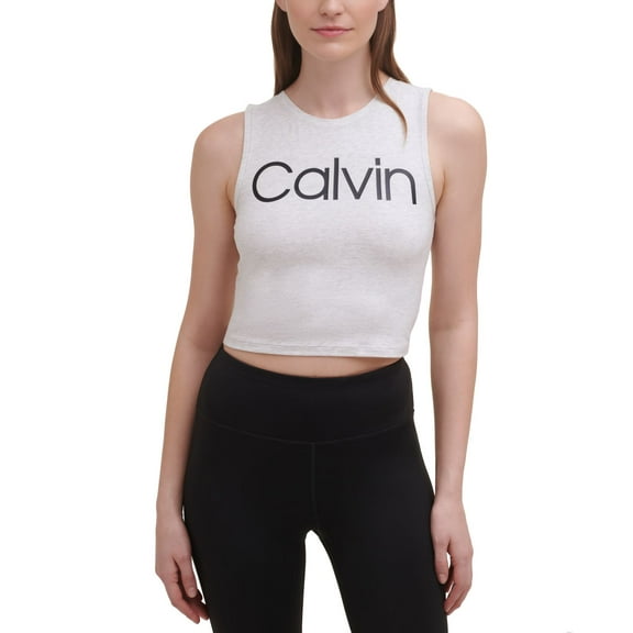 Calvin Klein Womens Performance Cropped Logo Top,Optic Heather,X-Small