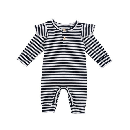 

Pudcoco Baby Ribbed Stripe Romper Long Sleeve Round Neck Ruffle Jumpsuit