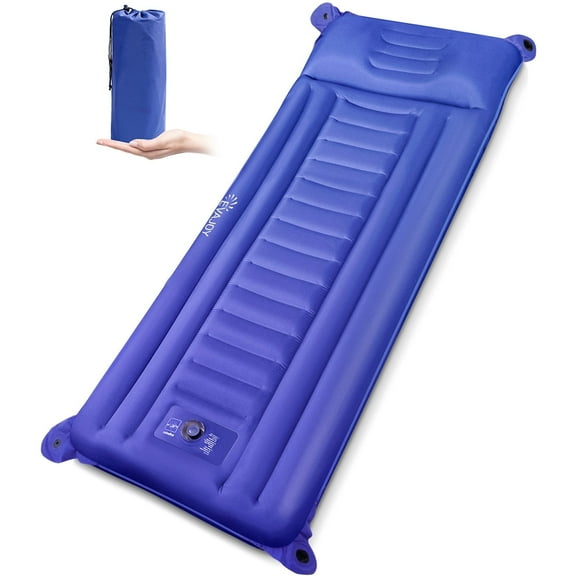 Inflatable Sleeping Pad, Foldable Camping Mat Air Mattress with Integrated Pillow, Built-in Inflator