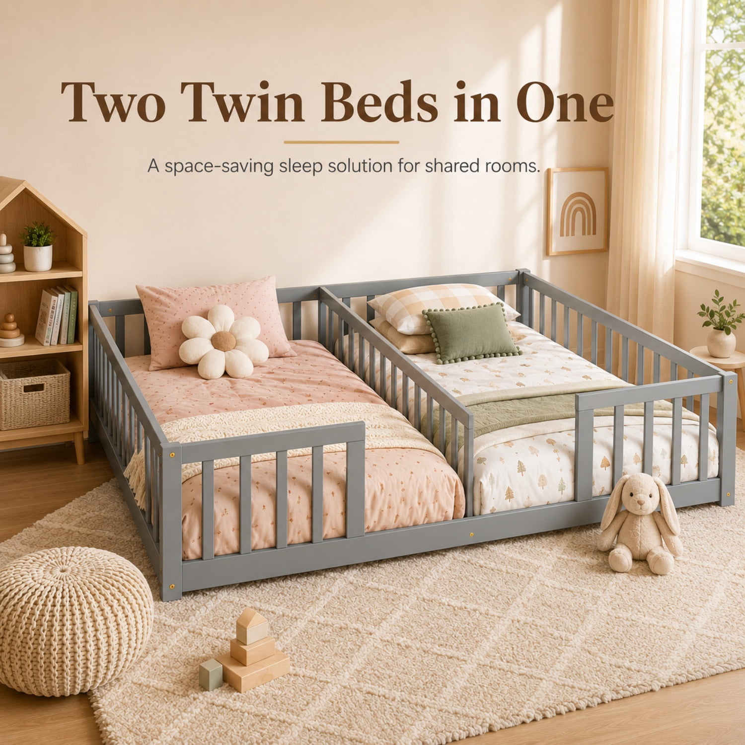 Miniyam Double Twin Floor Bed for Kids, Wood Bed Frame with Guardrails, Low Profile Design, Gray