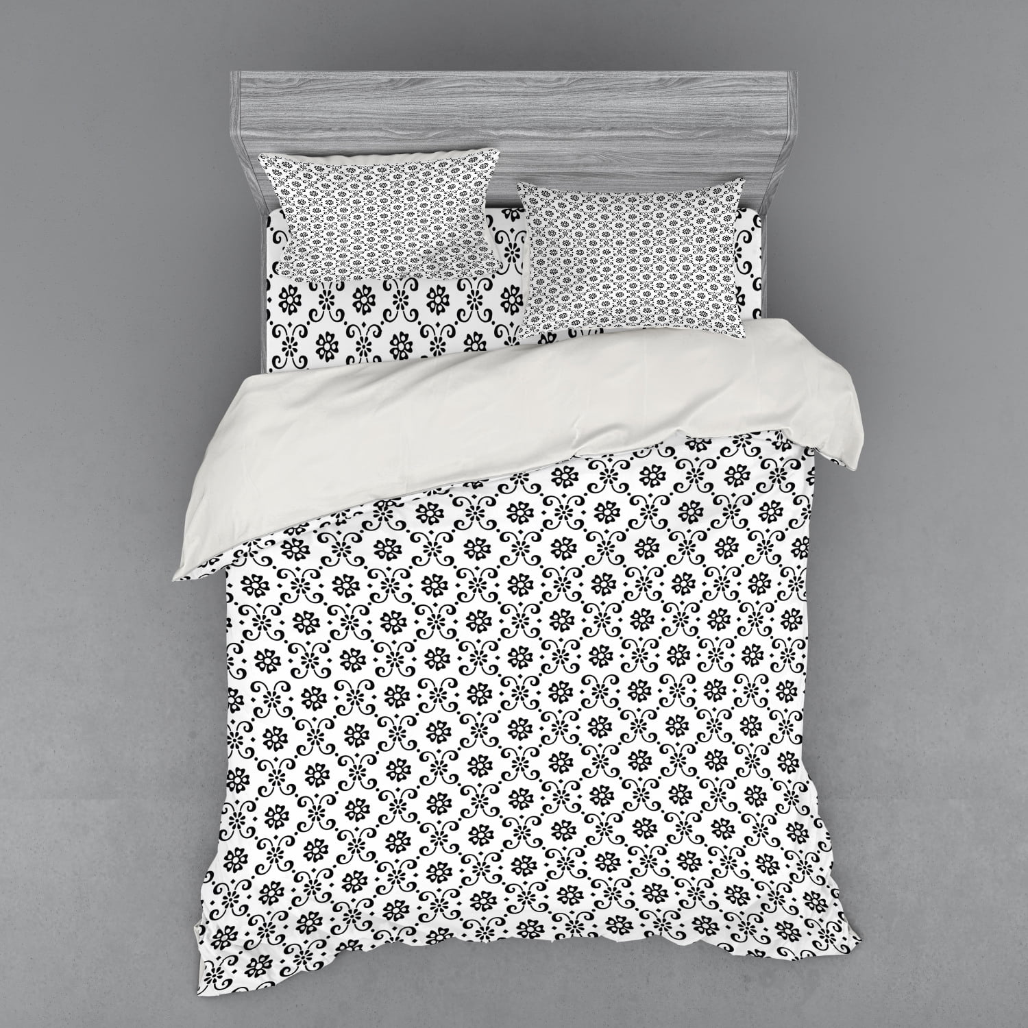 Black and White Duvet Cover Set, Monochrome Floral Arrangement with ...