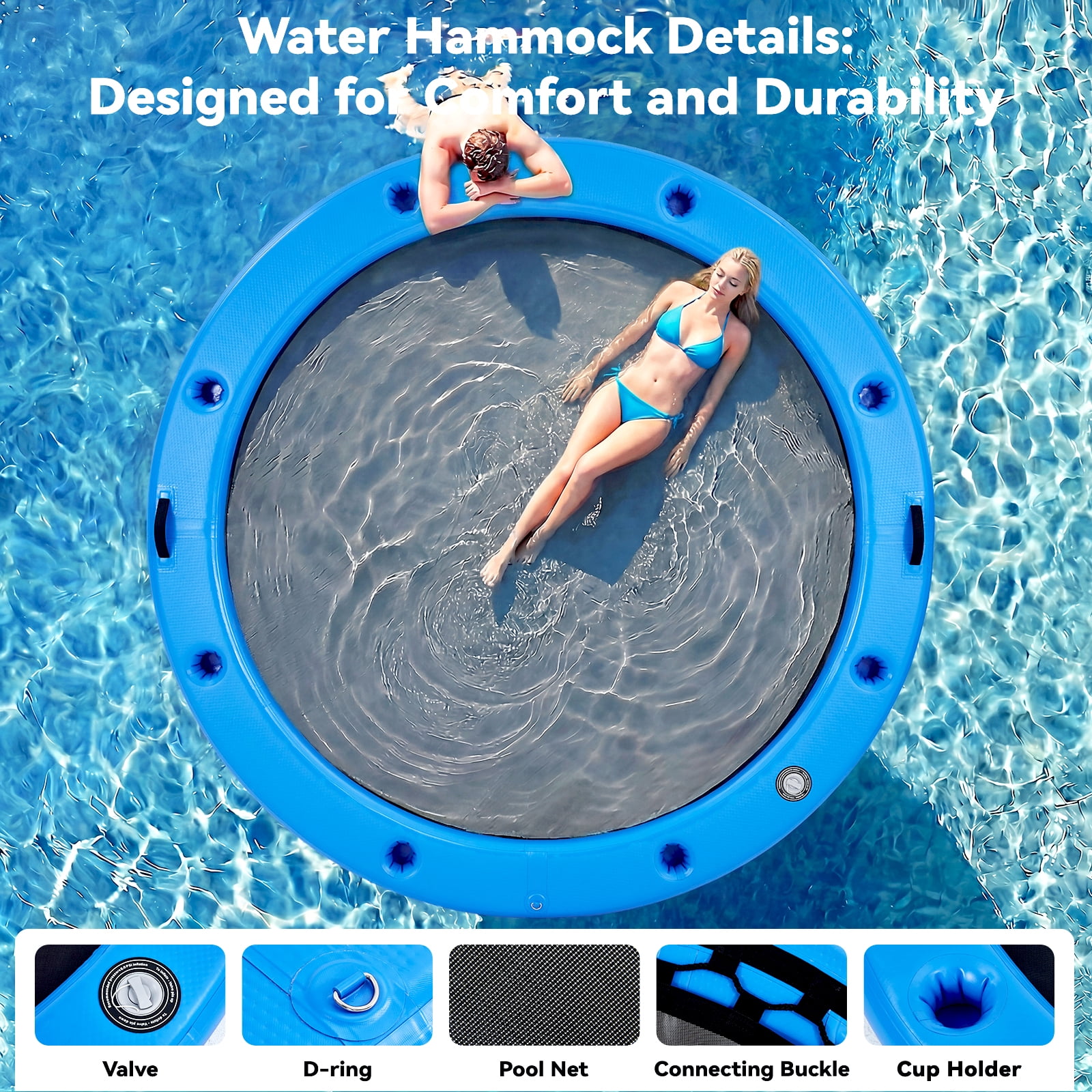 Danrelax 8' Round Inflatable Floating Dock with Cup Holders, Sunchill Float Ring, Hammock Tanning Pool with 4in Woven Fabric, Manual Pump for 1-2 Min Quick Inflate/Deflate, Fits 2-8, Ideal for Lakes
