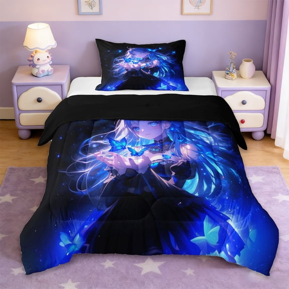 Erosebridal Kawaii Japanese Girl Twin Comforter Sets,Blue Wild Butterfly Bedding Set For Kids, Reversible 2-Piece