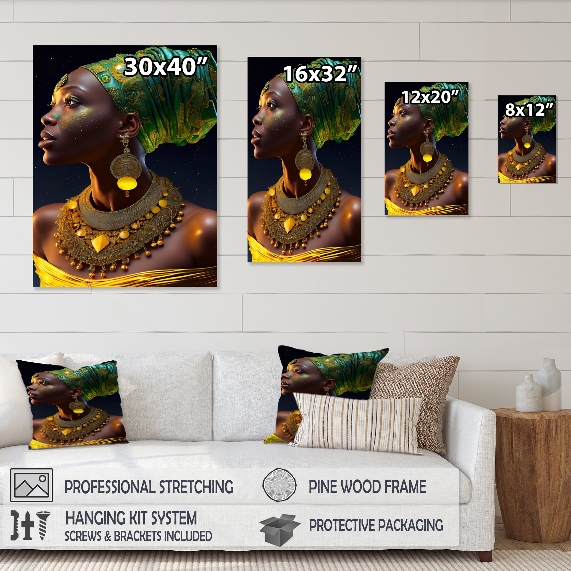 Designart Emerald Queen African Woman Under Moon IV Canvas Wall Art