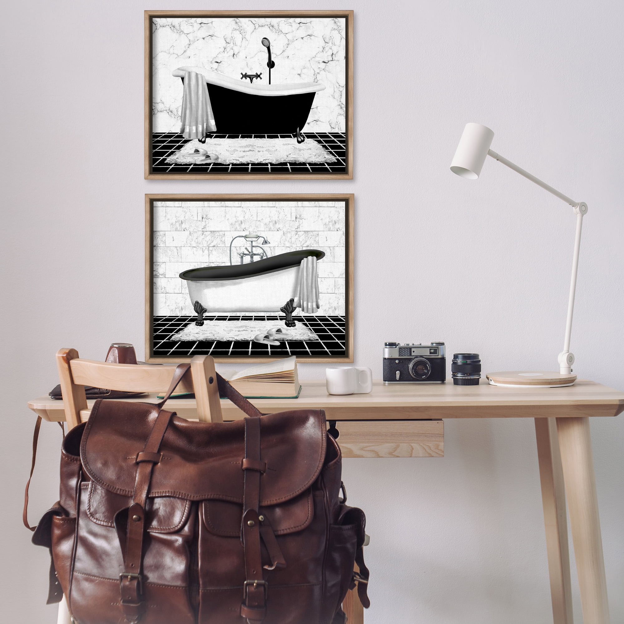 Stupell Industries Marble Clawfoot Soaking Tub Bath & Laundry Painting Brown Floater Framed Canvas Art Print Wall Art, 31 x 25, Set of 2