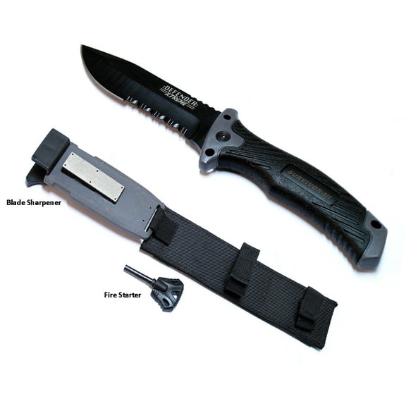 Black 11" Survival III Knife With Blade Sharpener, Fire Starter & Sheath