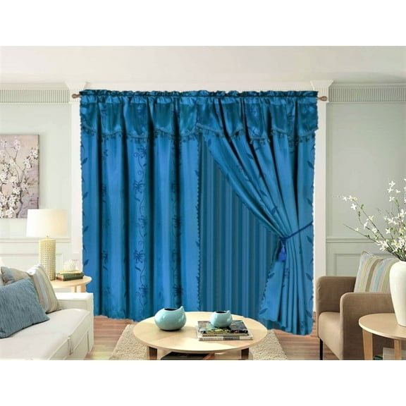 2 Panel Window Curtain Set 120" W X 84" L With Valance And Sheer Backing And 2 Tassels -Faux Silk Shiny Curtain Set - Rod Pocket Drapes Leaf Floral Design Curtain Nada Turquoise