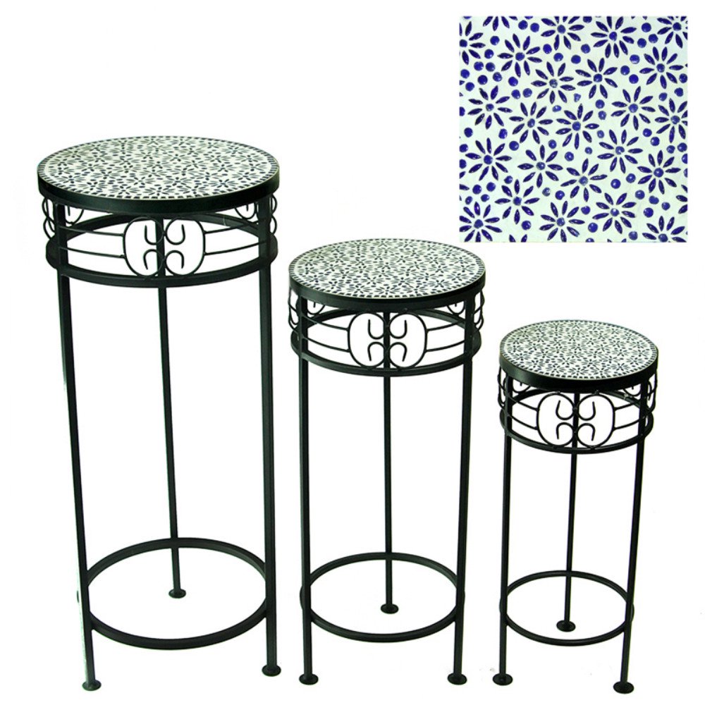 Contemporary Style 3Piece Round Mosaic Planter Stand, Blue