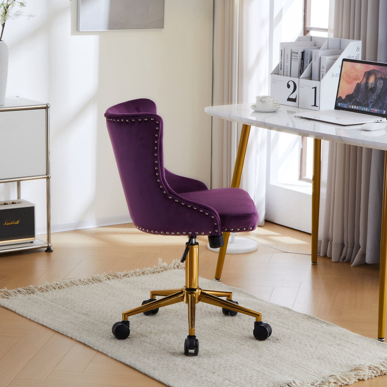 UBesGoo Armless Office Chair Flannel Computer Task Chair Adjustable Swivel Vanity Chair with Ergonomic Backrests and Wheels for Conference and Home Purple & Gold