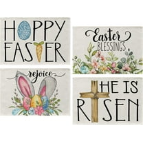 Happy Easter Blessings Bunny Ear Egg Placemats Set of 4, He is Risen Cross Religious Dining Table Place Mats, Flower Seasonal Spring Farmhouse Kitchen Decor Home Holiday Decoration 12 x 18 Inch