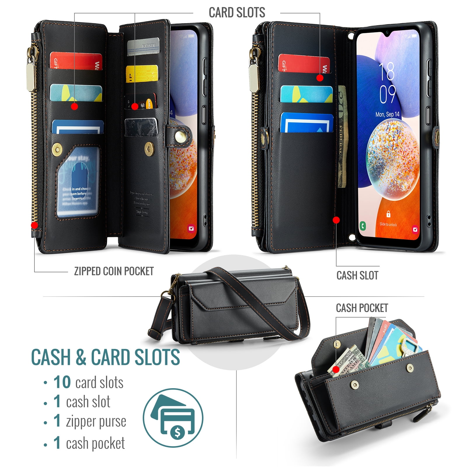 Asuwish Compatible with Samsung Galaxy A15 5G/4G Zipper Wallet Phone Case Tempered Glass Screen Protector Crossbody Lanyard Strap Flip Card Holder Slot Cell Cover for A 15 G5 15A Women Girls Black