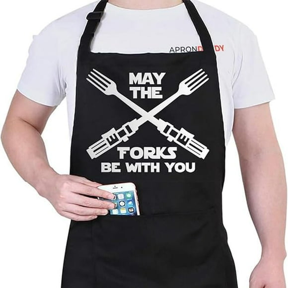 APRON DADDY Funny Apron, May The Forks Be With You - Novelty Funny Cooking Apron for Movie Fans - Extra Large 1 Size Fits All - Poly/Cotton Apron with 2 Pockets - Star Gift for Cook, Husband,