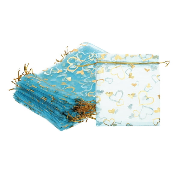 100 Pcs 5x7 Inch Heart Printed Organza Bags, Lake Blue Sheer Bags for Christmas Jewelry Party Wedding Favor Gift