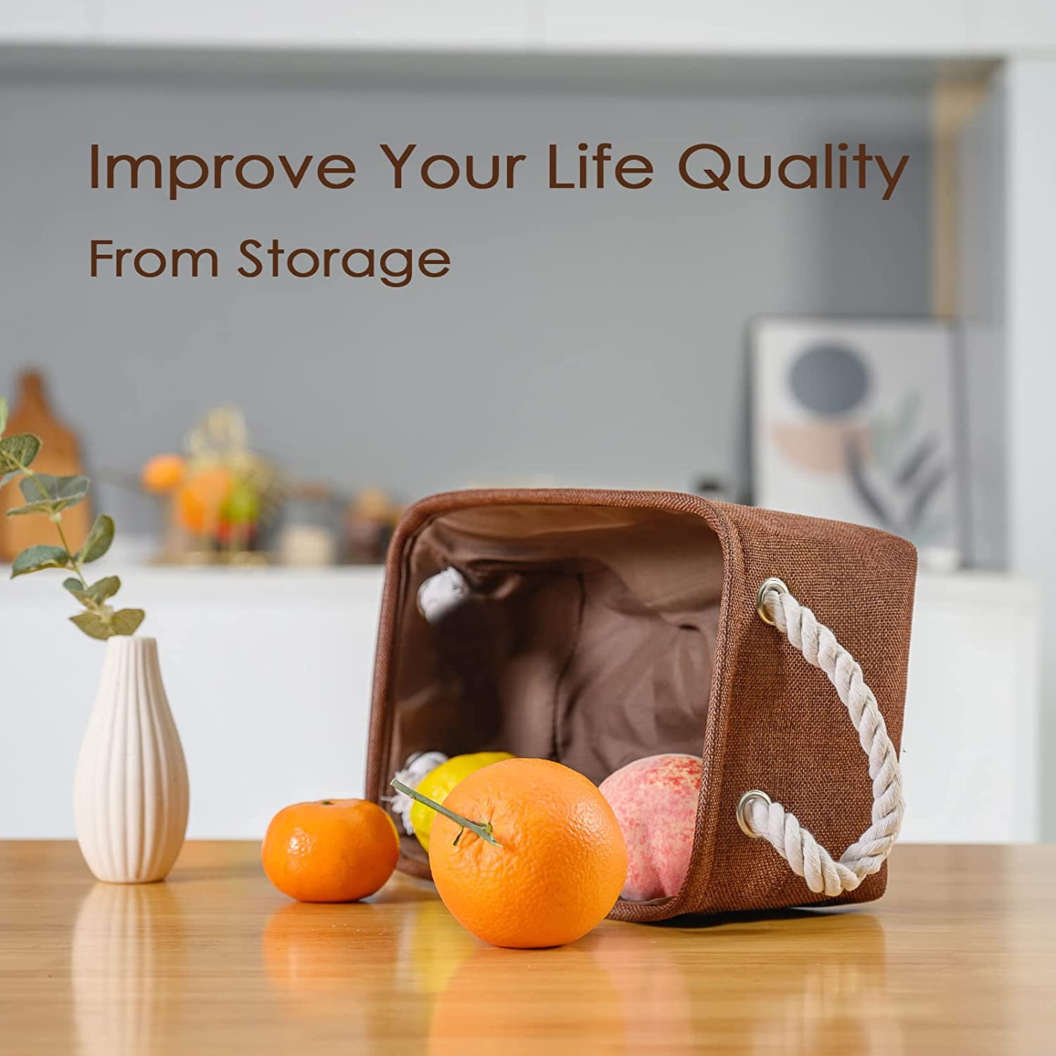 Tegance Small Storage Baskets for Shelves, Storage Cube Organizer, Storage Bins, 12 x 8 x 5 Inches, Rectangle Canvas Fabric Collapsible Shelf Box with Handles, Brown