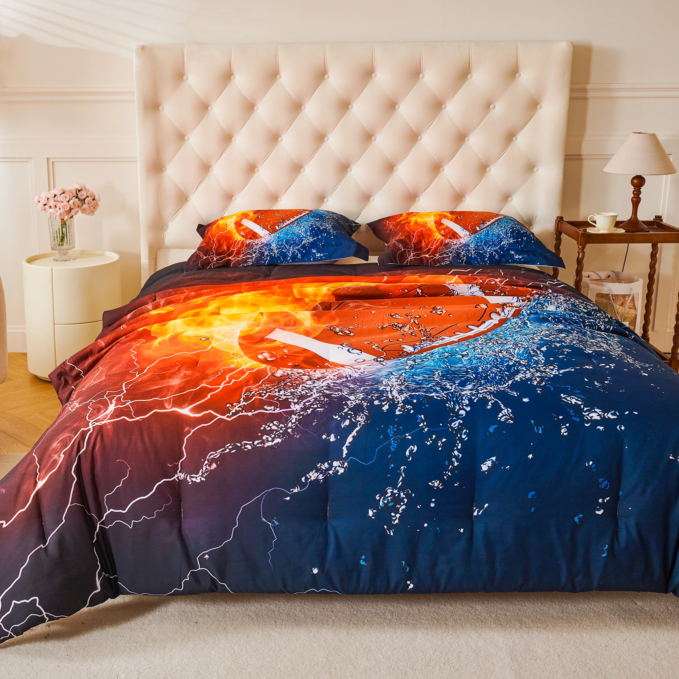 Koniroom 3-Piece Fire and Water Football Comforter Set Full Size for Boys - Bold Sports Bedroom Decor - Themed Bedding Gift Idea
