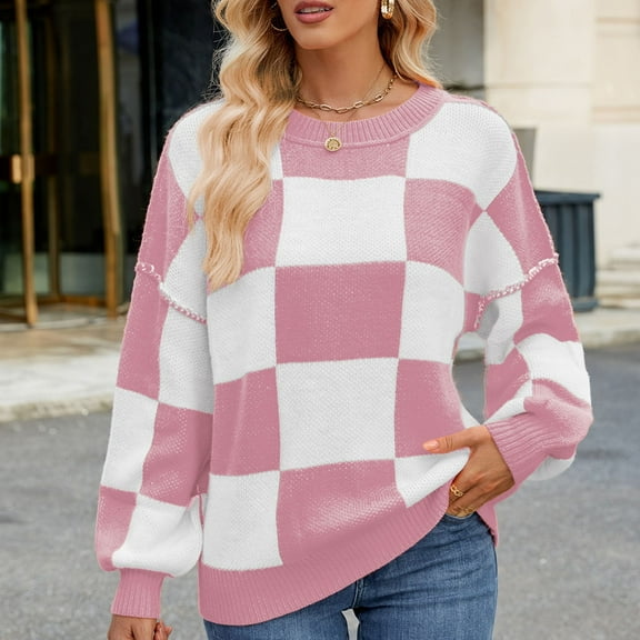 Qetyuw Womens Checkered Knitted Sweater Chunky Lantern Long Sleeve Pullover Jumper Casual Loose Fit Crew Neck Sweaters